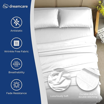 DREAMCARE California King Sheet Sets - Cooling Bed Sheets - 4pcs Set - up to 15" Deep Pocket Cal King Sheets - California King Sheets - Soft & Lasting 100% Brushed Polyester with Side Pocket - White