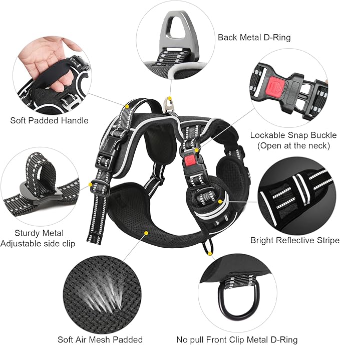 Timos No Pull Dog Harness, Release at Neck Reflective 3 Snap Buckles Adjustable No Choke Pet Vest with Front & Back 2 Leash Clips, Soft Padded Control Training Handle for Small Medium Large Dogs-Mewly Pet
