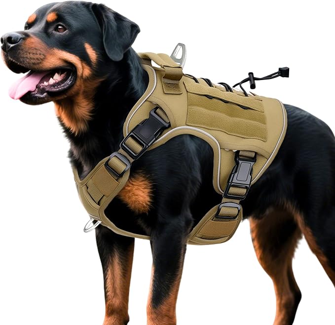 Heavy-Duty Tactical Dog Harness for Large Dogs, No Pull Adjustable Reflective Pet Vest with Molle System, K9 Military-Grade Control for Service Training, Outdoor & 10+ Breeds, Khaki, X-Large-Mewly Pet