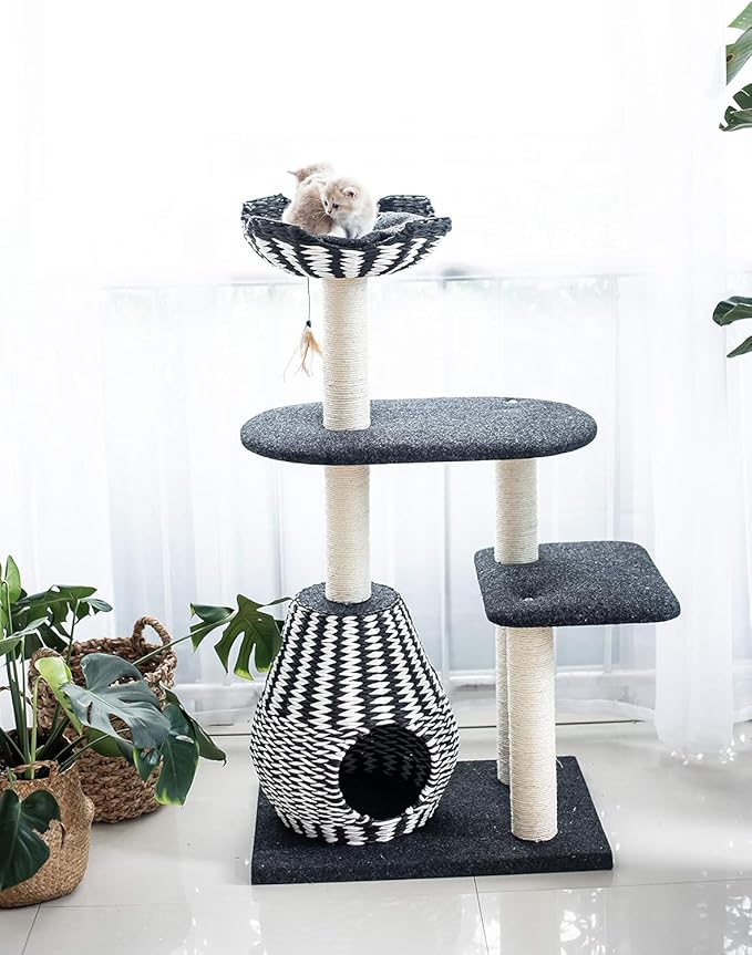 PetPals Ace 4-Level Multi-Activity Cat Tree with Handwoven Recycled Paper Rope Condo and Top Nest Bed, Replaceable Sisal Scratching Posts, Feather Teaser Toy, Black & White-Mewly Pet