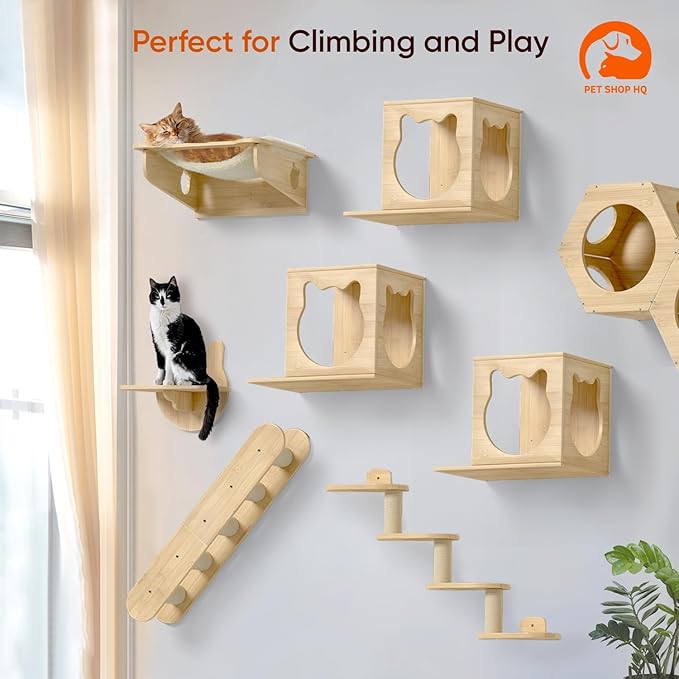 Cat Wall Furniture - Climbing Shelves, Ladders, Cat House, Hammock, Bed, Bridges, Walkways - Bamboo Material - Light Brown - Cat Furniture-Mewly Pet