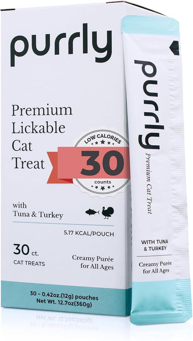 Purrly Lickable Cat Treat Healthy Human-Grade Tuna & Turkey with L-Lysine & Astaxanthin for Immunity (30 Count) Soft Healthy Low Calorie Hydrating Interactive Snack-Mewly Pet