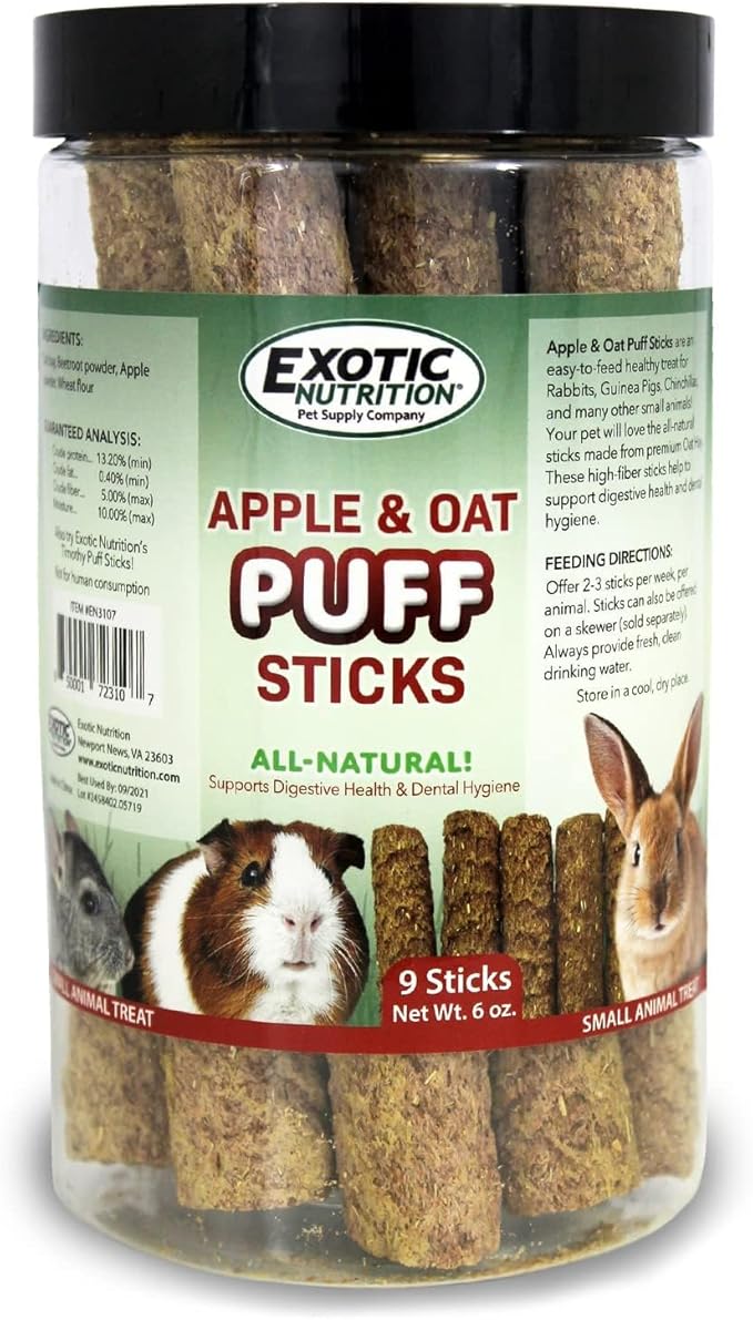 Apple & Oat Puff Sticks (6 oz.) - Healthy Natural High Fiber Chew Treat Made with Oat Hay - Rabbits, Guinea Pigs, Hamsters, Chinchillas, Degus, Prairie Dogs, Squirrels, Skunks, Opossums, Small Pets-Mewly Pet