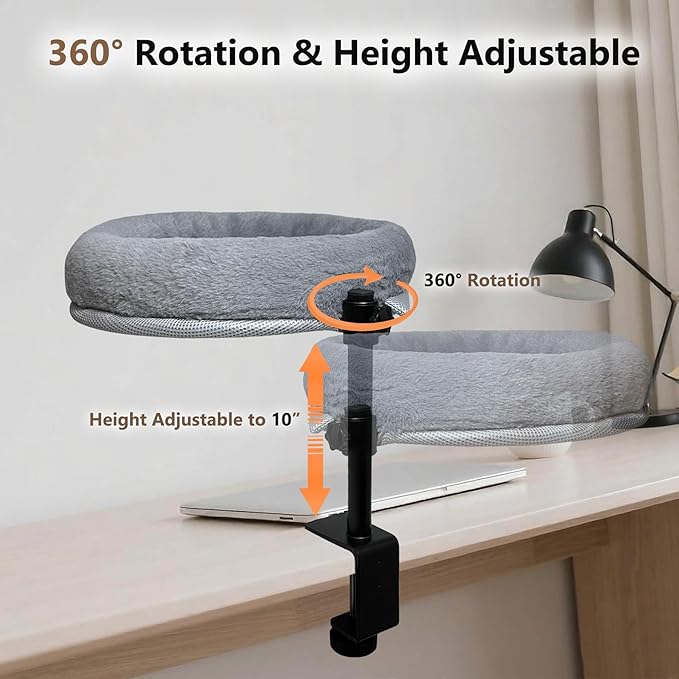 Cat Desk Bed with Summer Colling Mat, 360° Rotating & Height Adjustable Indoor Cat Nest, Large Desktop Cats Perch for Home Offcice Space Saving, Supports Up to 40 lbs, Machine Washable Removable Cover-Mewly Pet