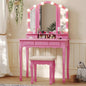 Tiptiper Vanity Desk with Tri-Fold Mirror and Lights, Makeup Vanity with Wood Upholstered Stool, Makeup Desk with 5 Drawers & 8 Jewelry Hooks, Small Vanity, Pink