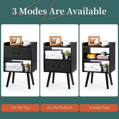 Yoobure Night Stand with Fabric Drawer, Modern Nightstand, Bedside Tables, Mid Century Nightstands with Open Storage Shelf, Wood Bedside Table, Small Night Stands for Bedrooms, 2-Tier Night Table