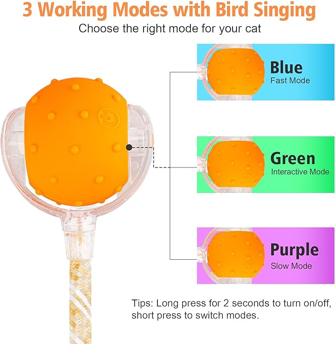 Interactive Cat Toys Ball for Indoor Cats, Automatic Agile Rolling Cat Ball with Elastic Mesh Tail, Bird Chirping & Motion Activated, 2 Tail Accessories, Kitten Toy for Bored (Orange)-Mewly Pet