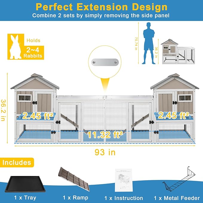 48" L Rabbit Hutch Outdoor Indoor Bunny Hutch Weatherproof, 2-Story Wood Rabbit Cage with Deep Tray, Chew-Resistant Ramp, UV Roof, Bunny House for Small Animal, Expandable Guinea Pig Cage-Mewly Pet