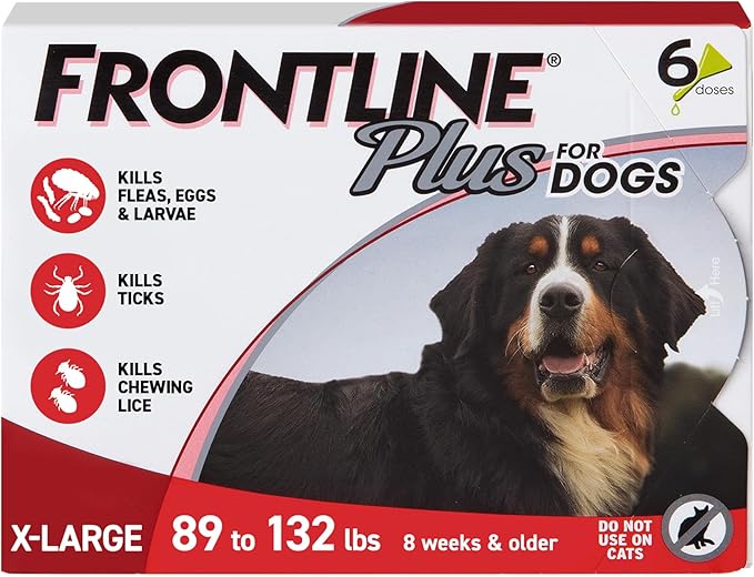FRONTLINE Plus for Dogs Flea and Tick Treatment (Extra Large Dog, 89-132 lbs.) 6 Doses (Red Box)-Mewly Pet