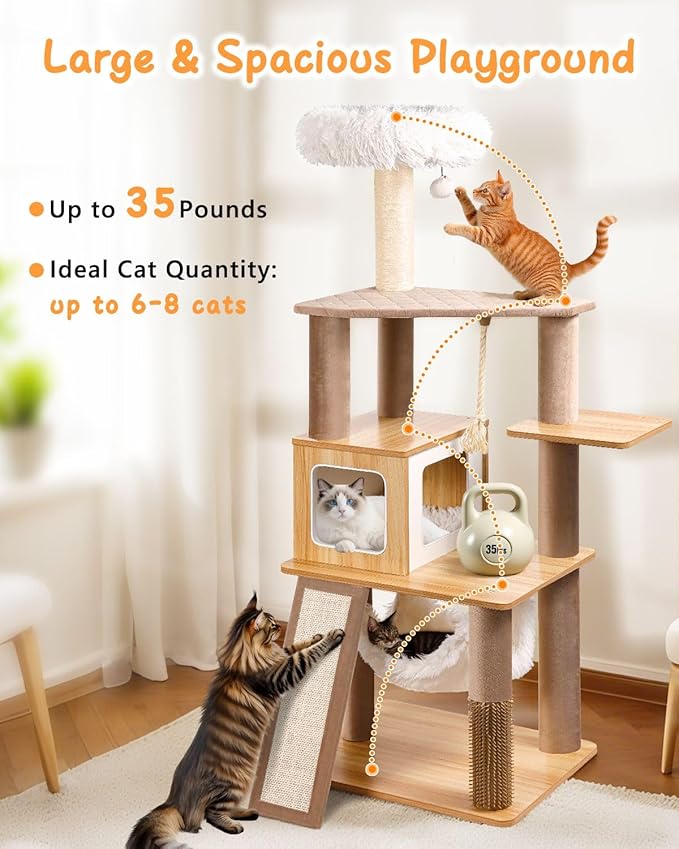 61" Wooden Cat Tree Tower for Indoor Cats, Luxury Modern Wooden Tower with XL Plush Lounge, Hammock & Scratching Posts for Maine Coon 20 lbs-Mewly Pet