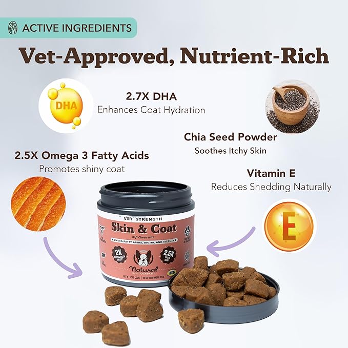 Natural Dog Company Omega Skin & Coat Chews, Vet Strength Supplement, Itchy Skin Relief, Moisture Balance & Coat Hydration, Biotin & Vitamin E, Dry Skin Care, Vet-Recommended, USA Made, 90 Ct-Mewly Pet