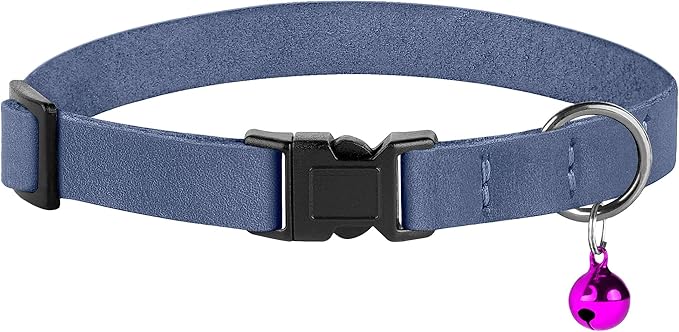 Breakaway Cat Collar Leather with Removable Bell - 13 Colors Available - Soft Adjustable Girl Boy Safety Lightweight Pet Kitten Collars Pink Brown Blue Green Red Orange Black (Denim)-Mewly Pet