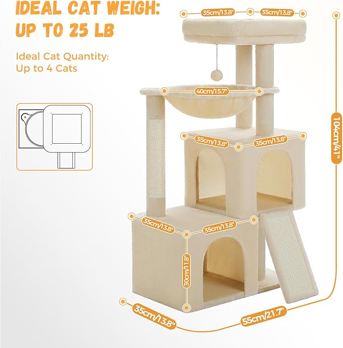 PAWZ Road Large Cat Tree, 41 Inches Multi-Level Cat Tower with 2 Spacious Condos for Indoor Cats, Large Cat House with Comfy Hammock, Padded Perch, Scratching Pad and Replaceable Balls-Mewly Pet