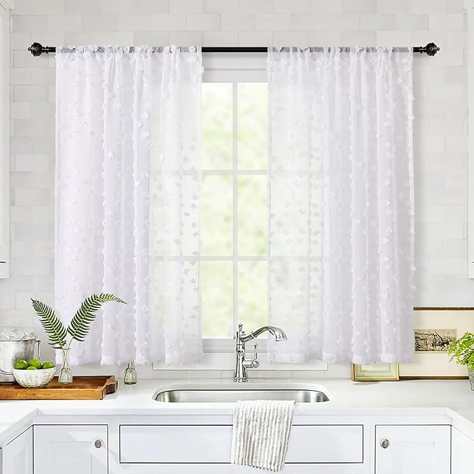 MYSKY HOME White Sheer Short Curtains with Pom Pom for Small Windows Bedroom Nursery Kids Girls Room Curtains Cafe Kitchen Light Filtering Boho Drapes, Rod Pocket,52 x 54 Inches, 2 Panels