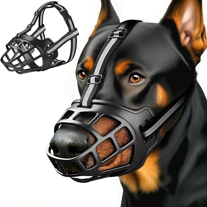 Dog Muzzle, Breathable Basket Muzzles for Small Medium Large Sized Dogs, Adjustable Humane Cage Mouth Cover for Scavenging Grooming Biting Chewing, Allows Panting and Drinking(Soft Rubber, L)-Mewly Pet