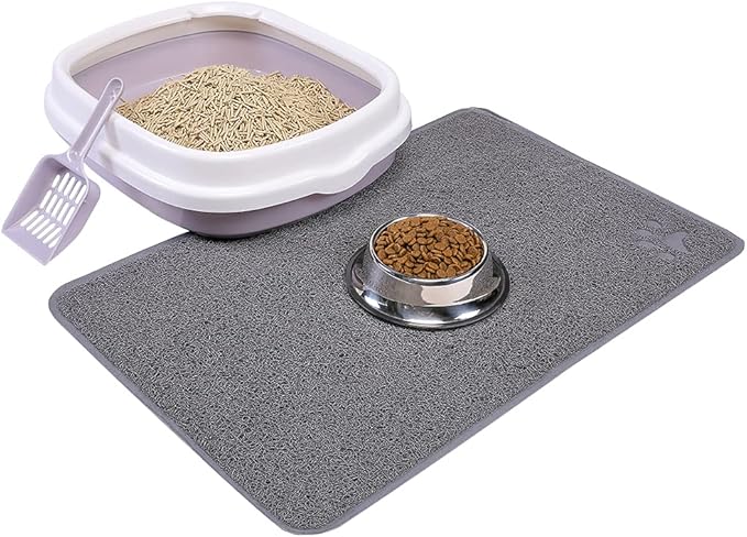 Cat Open Top Litter Box with Lid, Litter Mat, Poop Lifter Scoop & Kitten Kitty Stainless Steel Feeding Dish Bowl, Starter Kit 4 Pack for Small cat Within 5 Months (Grey-Four Entries)-Mewly Pet