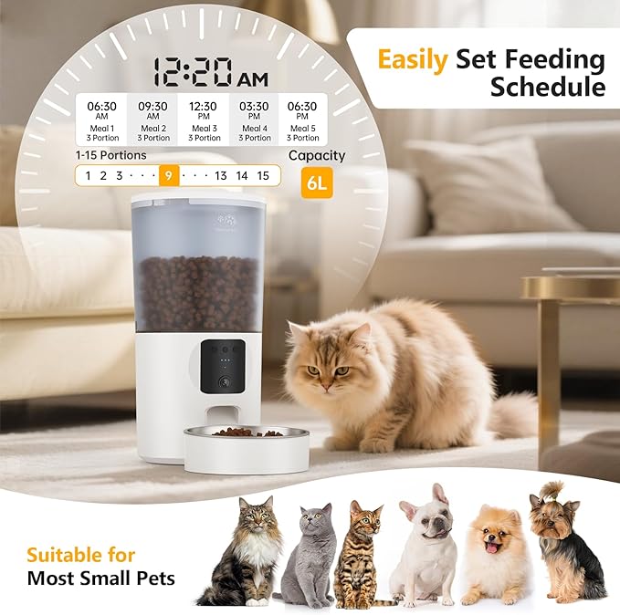 Automatic Cat Feeder with 1080P Camera, Two-Way Audio, APP Timed Auto Control Meals, 6L Dry Food Dispenser, 2.4G / 5G WiFi-Mewly Pet