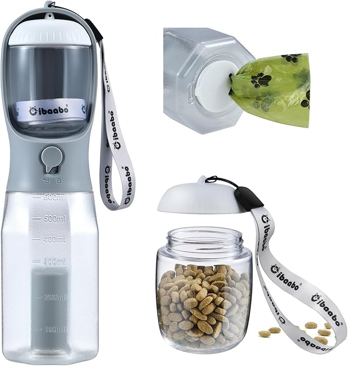 Dog Water Bottle with Food Container & Poop Bag Holder, Travel Water Bowl, Portable Pet Dispenser, Dog Stuff Accessories Items, Puppy Essentials Necessities for Yorkie Chihuahua Walking Hiking-Mewly Pet