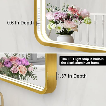 55x32 Inch LED Bathroom Mirror with Lights, Gold Metal Framed LED Mirror for Bathroom, 3 Colors and Stepless Dimmable Wall Mounted Lighted Bathroom Vanity Mirror, Anti-Fog, Memory