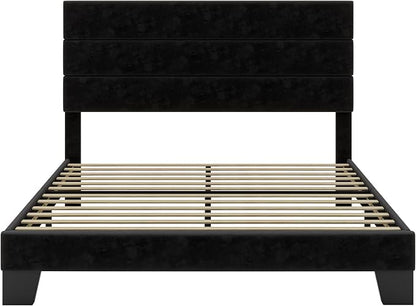 SHA CERLIN Full Platform Bed Frame with Velvet Upholstered Headboard, Mattress Foundation with Strong Wooden Slats Support, No Box Spring Needed, Black