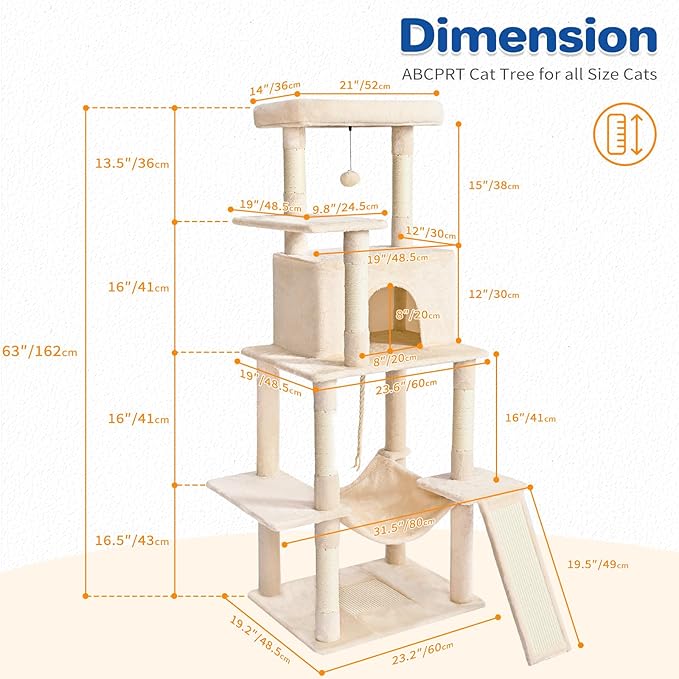 Cat Tree Tower 63in Multi-Level Cat Tower for Indoor Cats with Sisal Scratching Posts, Condo, Hammock, Dangling Ball and Extended Platform for Cats to Play, Beige-Mewly Pet