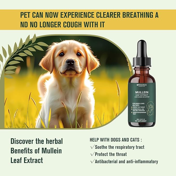 Pet Mullein Leaf Extract Drops for Dogs & Cats Hoarseness, Cough, Easy Breathing, Lung Cleanse and Support, Better Lungs, Soothes Throat Discomfort - ﻿100% Natural and Efficient ﻿ ﻿-Mewly Pet