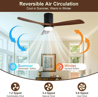 Sofucor 52 Inch Ceiling Fans with Lights, Flush Mount Ceiling Fan with Lights Remote Control, Indoor/Outdoor Ceiling Fan Light, Reversible DC Motor, 3 Blade Solid Wood Ceiling Fans for Bedroom Patio