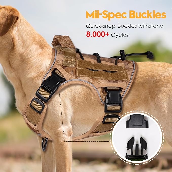 Heavy-Duty Tactical Dog Harness for Large Dogs, No Pull Adjustable Reflective Pet Vest with Molle System, K9 Military-Grade Control for Service Training, Outdoor & 10+ Breeds, Khaki Camo, Small-Mewly Pet