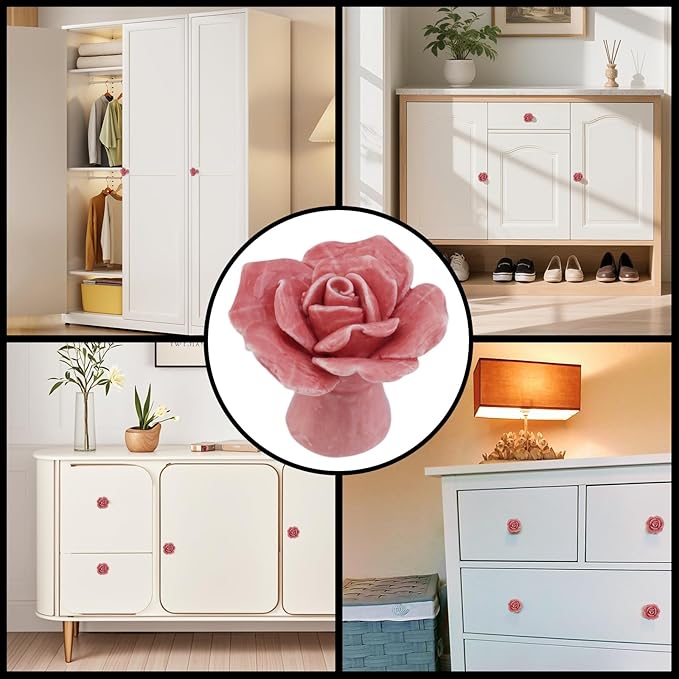 4PCS Ceramics Pink Rose Knobs Flower Shaped Drawer Pulls for Cupboard with 2 Kinds of Screws, 1.65" × 1.3"