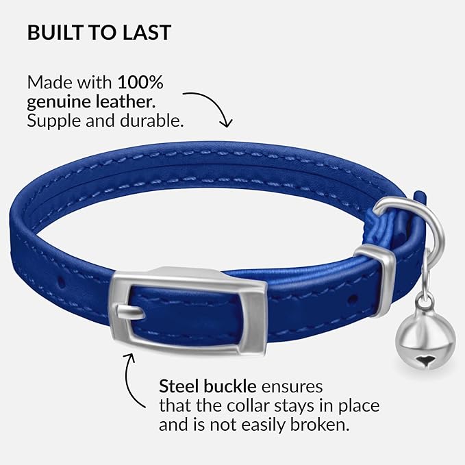 CollarDirect Leather Cat Collar with Bell - Kitten Collar, Small and Big Cat Collar for Boy Cats, Girl Cats with Safety Elastic Strap (Neck Fit 6"-7", Navy Blue)-Mewly Pet