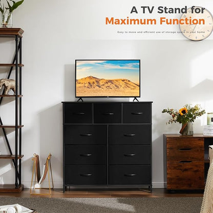 Sweetcrispy Dresser for Bedroom with 9 Storage Drawers, Tall Large Fabric Storage Tower Organizer, Chest of Drawers with Metal Frame Wooden Top for Nursery, Closet, Living Room, Entryway, Black