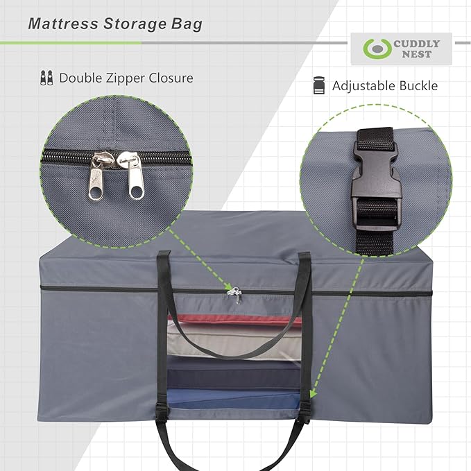 Cuddly Nest Folding Mattress Storage Bag - Heavy Duty Carry Case for Tri-Fold Guest Bed (Fits 6" Full Mattress,Grey)