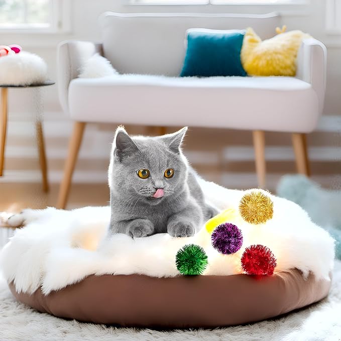 AUEAR, 24 Pack 2 Inch Extra Large Sparkle Cat Ball Glitter Tinsel Pom Pom Balls for Kittens (4 Assorsted Colors)-Mewly Pet