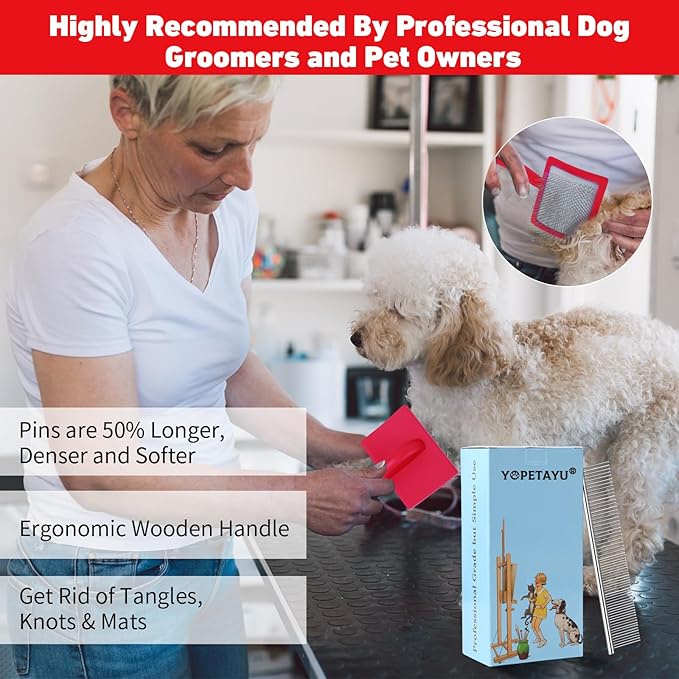 Dog Slicker Brush for Shedding and Grooming Medium or Long Haired Cats, Extra Long & Soft Pin Slicker Brush for Removes Loose Hair, Tangles, Knots, Undercoat, Free Pet Comb, Large Red-Mewly Pet