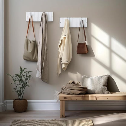 Coat & Hat Hooks Wall Mount with Key Holder, Wall Mounted Coat Rack with 9 Retractable Hangers, Solid Wood Slim Key Holder for Entryway Decor, 17in Natural Finish