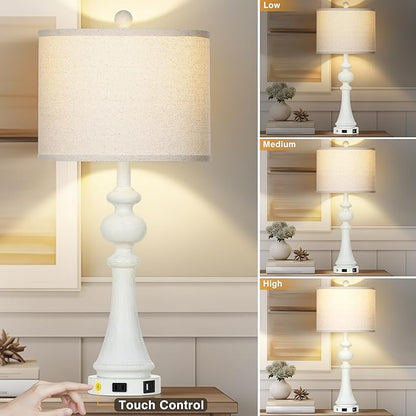 28" Farmhouse Lamps Set of 2 with USB A+C Fast Ports & AC Outlets, Vintage Rustic 3-Way Dimmable Touch Control Table Lamps, Rustic Traditional Bedside Nightstand Lamp for Living Room Bedroom White