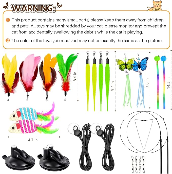 HONGDDY Cat Toys, 14Pcs 4 in 1 Indoor Adult Cat Interactive Toys, Hanging Door Kitten Wand with Suction Cup Removable Feathers Balls Mice Butterfly Streamers-Mewly Pet