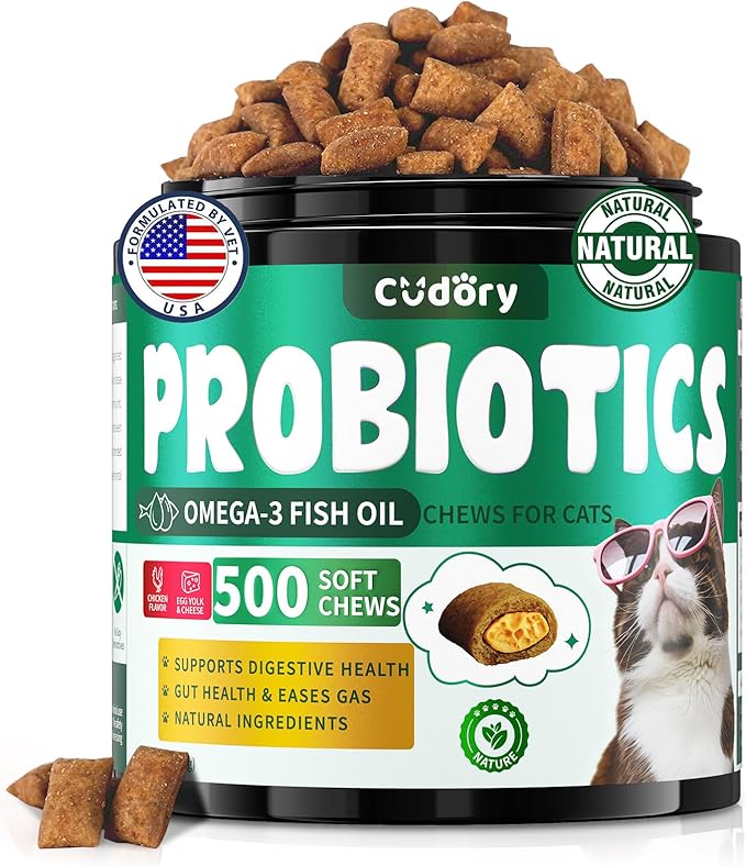 Cat Probiotics Tasty Chews for Digestive & Gut Support - Crunchy & Creamy Texture - Cat Gut Health, Constipation Relief, Healthy Stool, Natural Supplement for Cats, Chicken Flavor - 500 Chews-Mewly Pet
