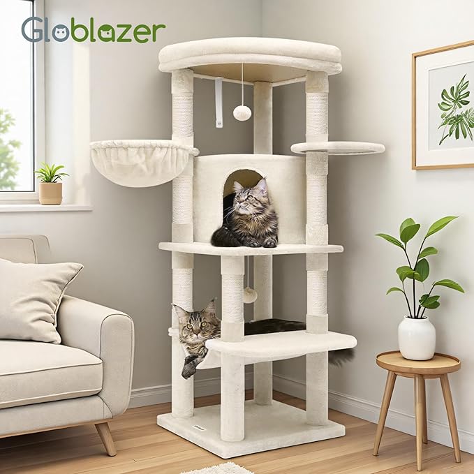 Globlazer Corner Cat Tree Tower with Scratching Post for Indoor Cats, 51in Plush Multi-Level Cat Tower with Large Hammock, Fan-Shaped Padded Perch, Spacious Cat Condo, Hanging Basket, C51, Light Beige-Mewly Pet