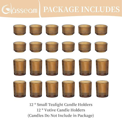 Glasseam Amber Tealight Candle Holders: 24pcs Ribbed Small Votive Holders Bulk for Thanksgiving Table Centerpiece Fall Wedding Christmas Decor