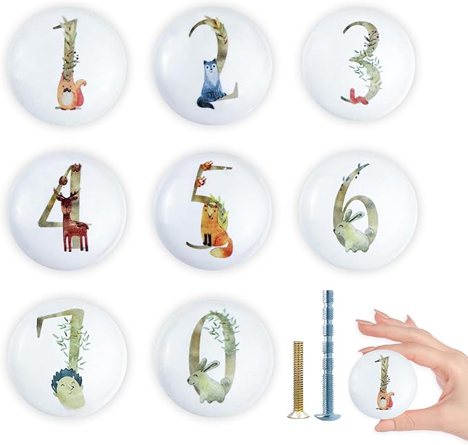 8 Pack1.5 Round Ceramics Safari Jungle Animal with Numbers Drawer Knob Nursery Kids Room Cabinet Drawers Dresser Knobs and Pulls