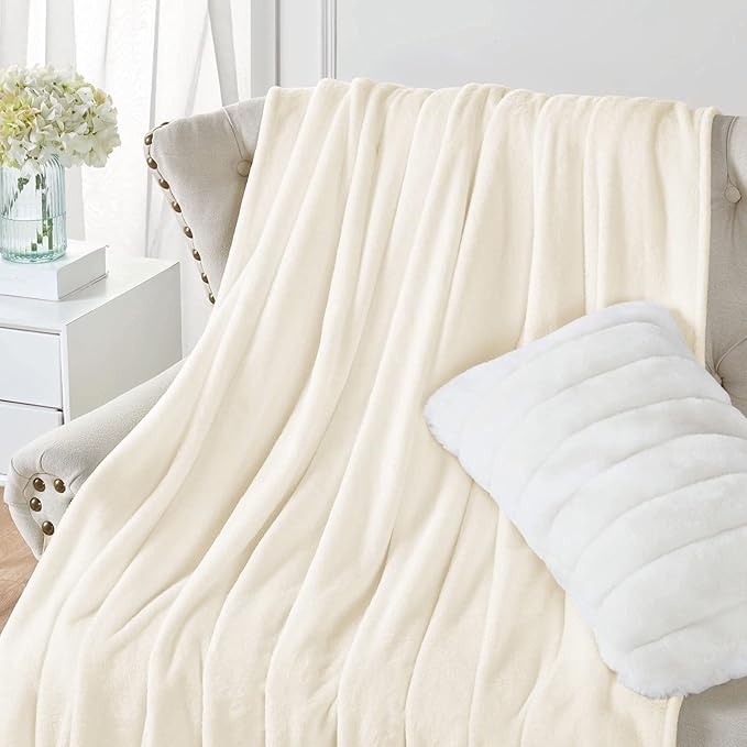 Walensee Fleece Blanket Plush Throw Fuzzy Lightweight (Twin Size 60x80 Cream) Super Soft Microfiber Flannel Blankets for Couch, Bed, Sofa Ultra Luxurious Warm and Cozy for All Seasons
