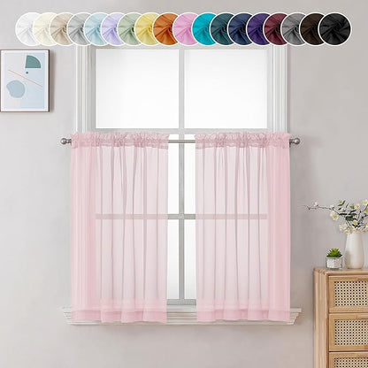 Chyhomenyc Blush Pink Sheer Curtains 30 inch Length 2 Panels, Light Filtering Voile Rod Pocket Short Window Curtians for Bathroom Living Room Farmhouse Small Windows, 42Wx30L inches