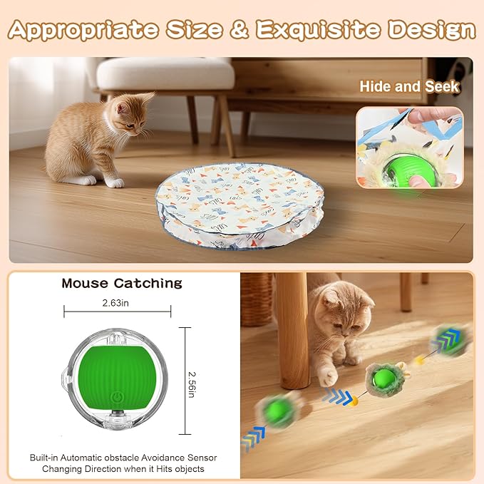Rocfish Interactive Cat Toys Ball - Automatic Fast Rolling Ball in Play Mat, Hide and Seek Mouse Catching Game, Low-Noise Cat Enrichment Toys in Pouch for Indoor Bored Cats (Green Toy & Round Mat)-Mewly Pet