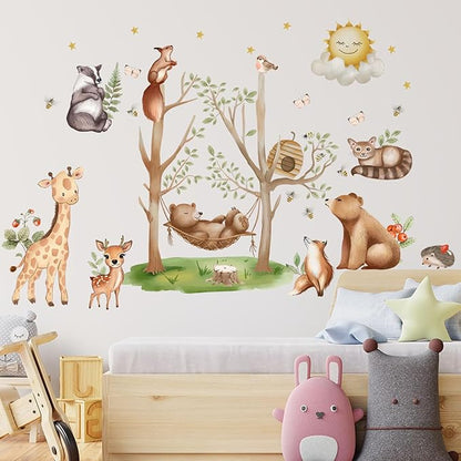 Jungle Animal Wall Stickers Forest Safari Wall Decals Kid Room Nursery Baby Bedroom Décor (Bear Swing)