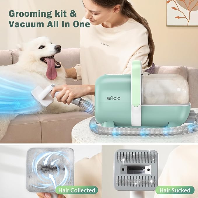 Afloia 6-in-1 Dog Grooming Kit, Pet Grooming Vacuum for Shedding, Dog Hair Vacuum with Clipper Nail Trimmer Grinder, Pet Brush Groomer at Home, Low Noise Cats Hair Remover, 1.5L Dust Cup, Green-Mewly Pet