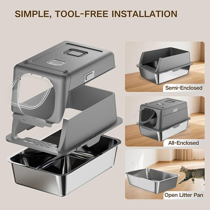 XX-Large Stainless Steel Cat Litter Box with Lid – Fully Enclosed Large Litter Box for Big Cats, Odor Control with Magnetic Door, Easy Clean, Multi-Cat Durable Metal Pan (Natural Color)-Mewly Pet