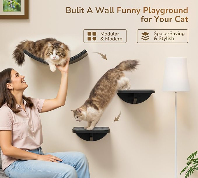 Wall Mounted Curved Cat Hammock with Grey Sisal Pad – Scratch-Friendly Cat Nest Perch for Wall – Large Floating Bed for Indoor Cats-Mewly Pet