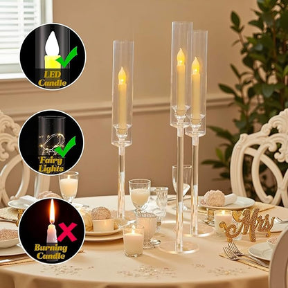Vincidern 12pcs Taper Candle Holder Acrylic Candlestick Holder Clear Set for Table Centerpiece, Long Candle Stick Candle Stand Cylinder Shade for Halloween, Christmas Wedding Party Dining Room Decor
