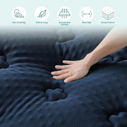 Hansleep Queen Mattress Topper Viscose Derived from Bamboo, Memory Foam Pillow Top Mattress Topper Queen with Deep Pocket, Breathable Mattress Pad for Back Pain Relief, 60" x80", Navy Blue